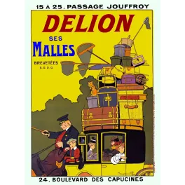 Affiche publicitaire Malles Delion Passage Jouffroy Boulevard Capucines Paris automobile bagages empilés chat