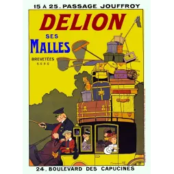 Affiche publicitaire Malles Delion Passage Jouffroy Boulevard Capucines Paris automobile bagages empilés chat