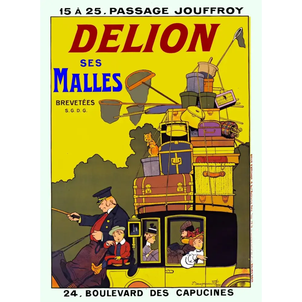 Affiche publicitaire Malles Delion Passage Jouffroy Boulevard Capucines Paris automobile bagages empilés chat Affiche publicitaire Malles Delion Passage Jouffroy Boulevard Capucines Paris automobile bagages empilés chat