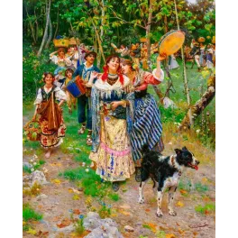 Peinture académique fête paysanne italienne Ciacelli Rome danseuses tambourin accordéon chien sous-bois