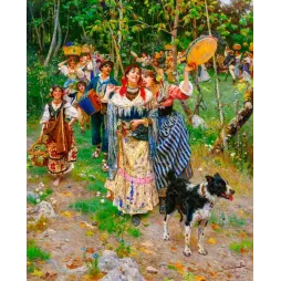 Peinture académique fête paysanne italienne Ciacelli Rome danseuses tambourin accordéon chien sous-bois