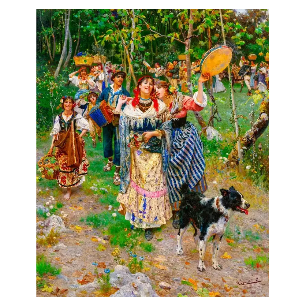Peinture académique fête paysanne italienne Ciacelli Rome danseuses tambourin accordéon chien sous-bois
