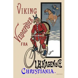 Affiche publicitaire Viking Velocipeder L.H. Hagen Christiania AlieBorg guerrier viking bicyclette cavalier