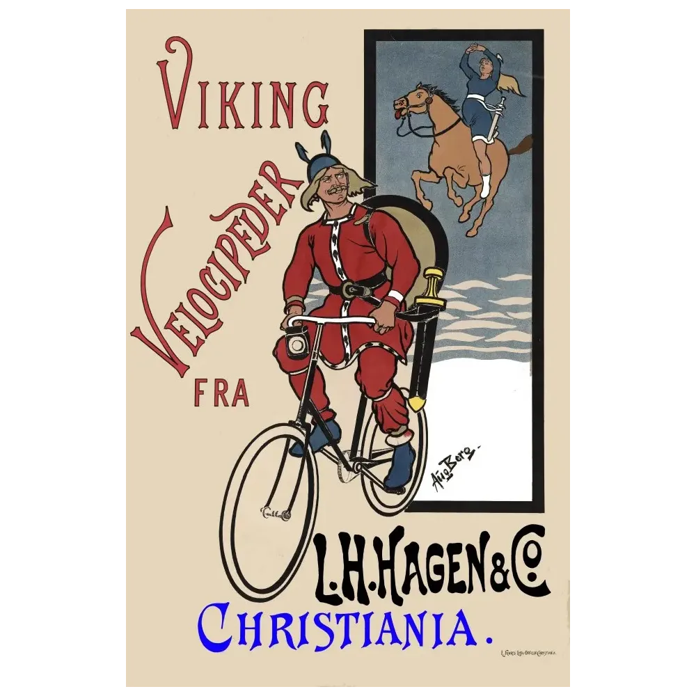 Affiche publicitaire Viking Velocipeder L.H. Hagen Christiania AlieBorg guerrier viking bicyclette cavalier Affiche publicitaire Viking Velocipeder L.H. Hagen Christiania AlieBorg guerrier viking bicyclette cavalier