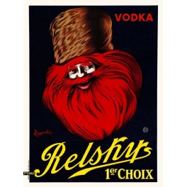 Affiche publicitaire Vodka Relskys Leonetto Cappiello Vercasson Paris personnage barbe rouge toque fourrure fond bleu