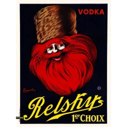 Affiche publicitaire Vodka Relskys Leonetto Cappiello Vercasson Paris personnage barbe rouge toque fourrure fond bleu