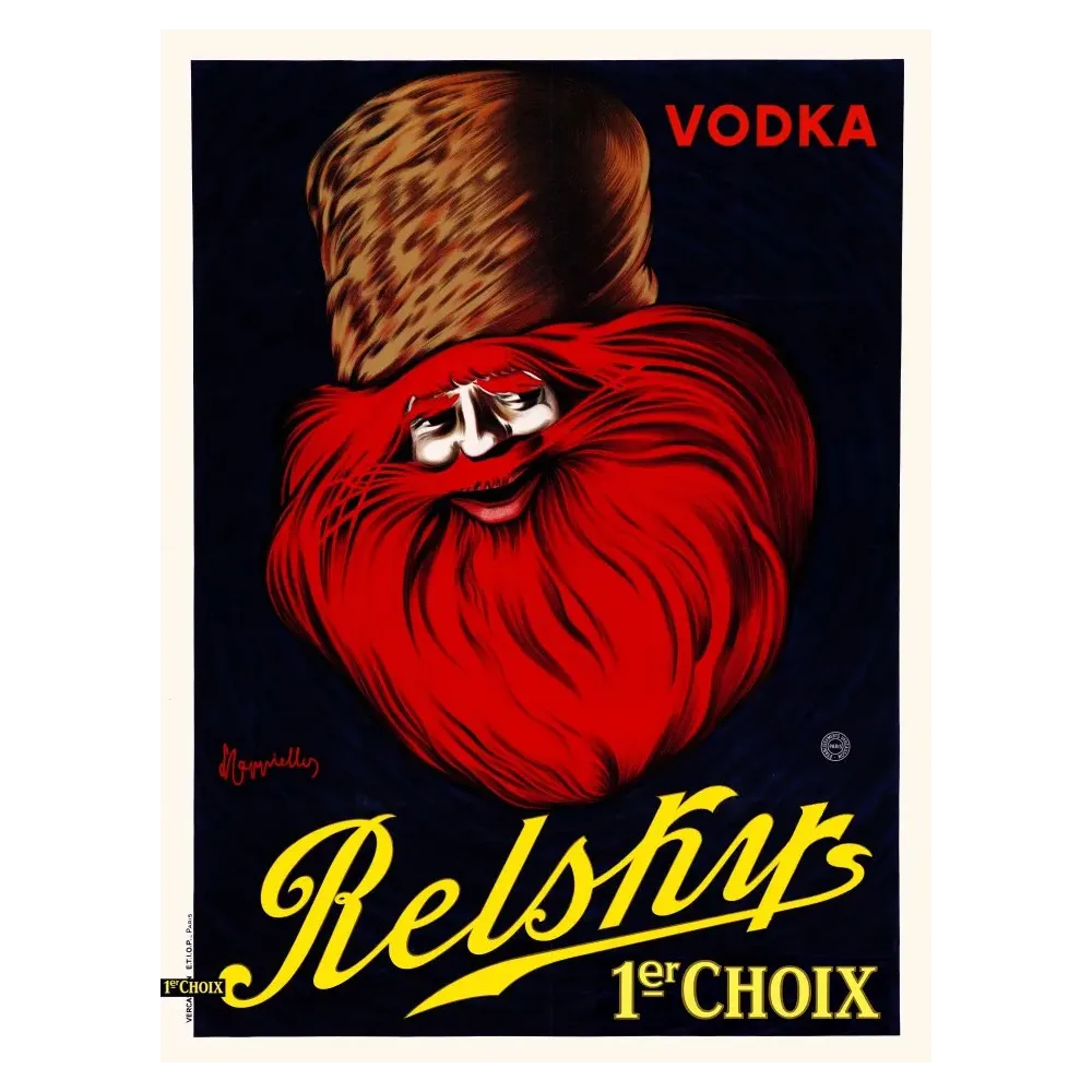 Affiche publicitaire Vodka Relskys Leonetto Cappiello Vercasson Paris personnage barbe rouge toque fourrure fond bleu Affiche publicitaire Vodka Relskys Leonetto Cappiello Vercasson Paris personnage barbe rouge toque fourrure fond bleu
