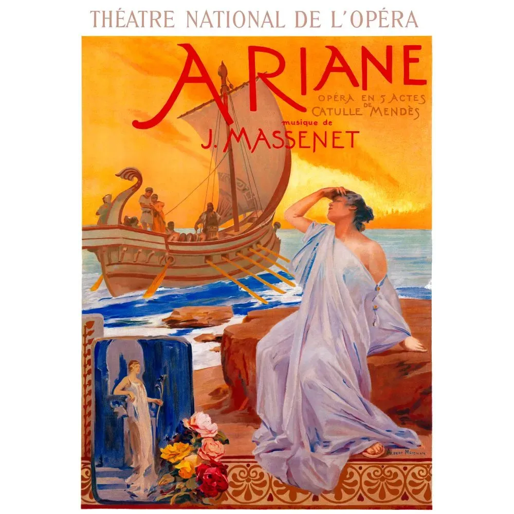 Affiche spectacle opéra Ariane Massenet Théâtre National Paris Ariane abandonnée rivage bateau soleil couchant mythologie grec Affiche spectacle opéra Ariane Massenet Théâtre National Paris Ariane abandonnée rivage bateau soleil couchant mythologie grec