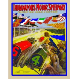 Affiche Indianapolis Motor Speedway début XXe siècle course automobiles rouges bleues drapeaux nations