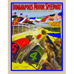 Affiche Indianapolis Motor Speedway début XXe siècle course automobiles rouges bleues drapeaux nations