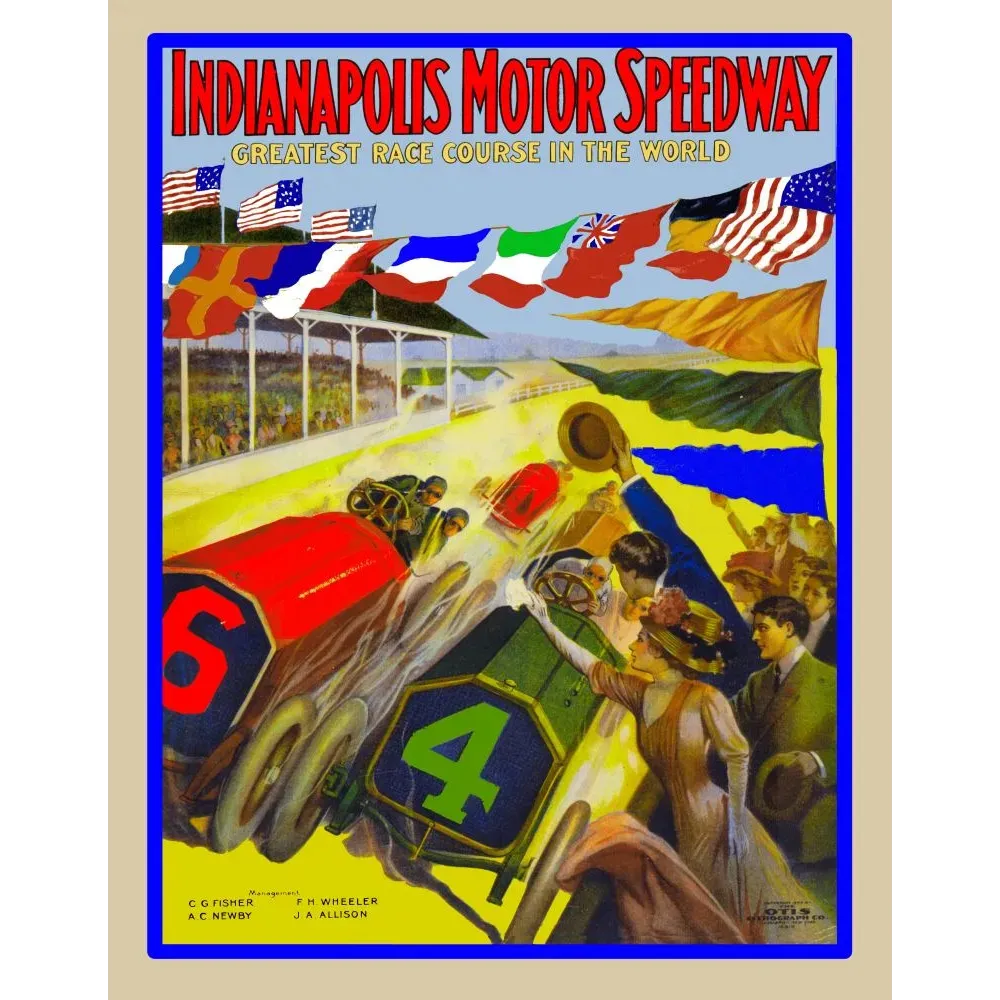 Affiche Indianapolis Motor Speedway début XXe siècle course automobiles rouges bleues drapeaux nations Affiche Indianapolis Motor Speedway début XXe siècle course automobiles rouges bleues drapeaux nations
