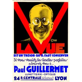 Affiche publicité lunetterie Paul Guillermet Lyon années 1930 Kossuth visage jaune lunettes rondes grand V rouge fond noir