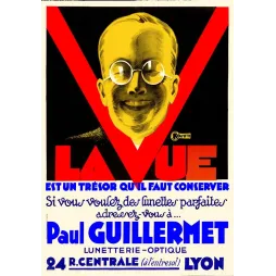 Affiche publicité lunetterie Paul Guillermet Lyon années 1930 Kossuth visage jaune lunettes rondes grand V rouge fond noir