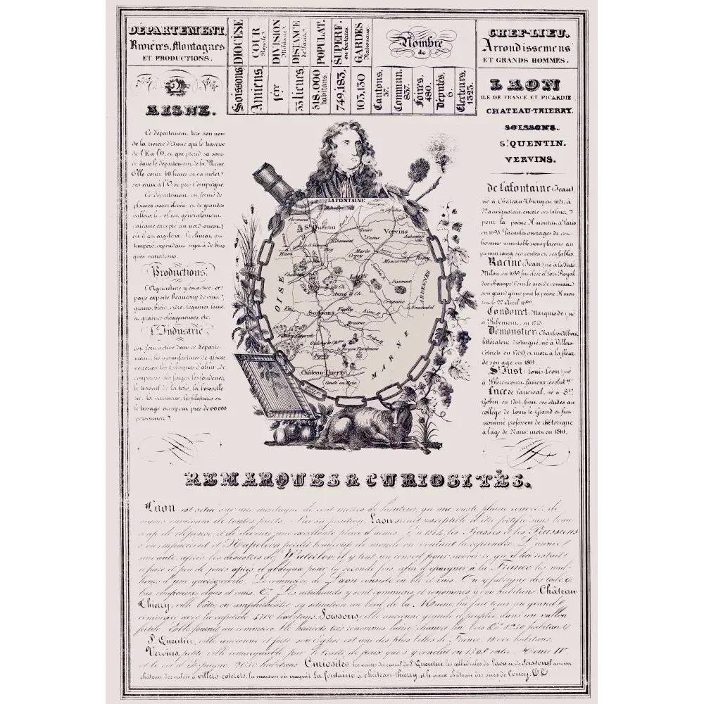 Document ancien département Aisne XIXe siècle carte Laon Soissons portrait Jean de La Fontaine Racine Condorcet Document ancien département Aisne XIXe siècle carte Laon Soissons portrait Jean de La Fontaine Racine Condorcet