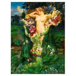 Peinture Byam Shaw allégorie printemps figure féminine couronnée roses iris marguerites symbolisme préraphaélite anglais