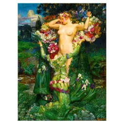 Peinture Byam Shaw allégorie printemps figure féminine couronnée roses iris marguerites symbolisme préraphaélite anglais