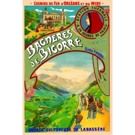 Affiche Bagnères-de-Bigorre station thermale Hautes-Pyrénées casino vallée diligence portrait femme Chemins de Fer Orléans Midi