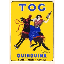 Affiche TOG Quinquina Albert Trilles Perpignan cavalière espagnole bleu cheval noir fond jaune signé Leonetto Cappiello