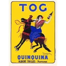 Affiche TOG Quinquina Albert Trilles Perpignan cavalière espagnole bleu cheval noir fond jaune signé Leonetto Cappiello