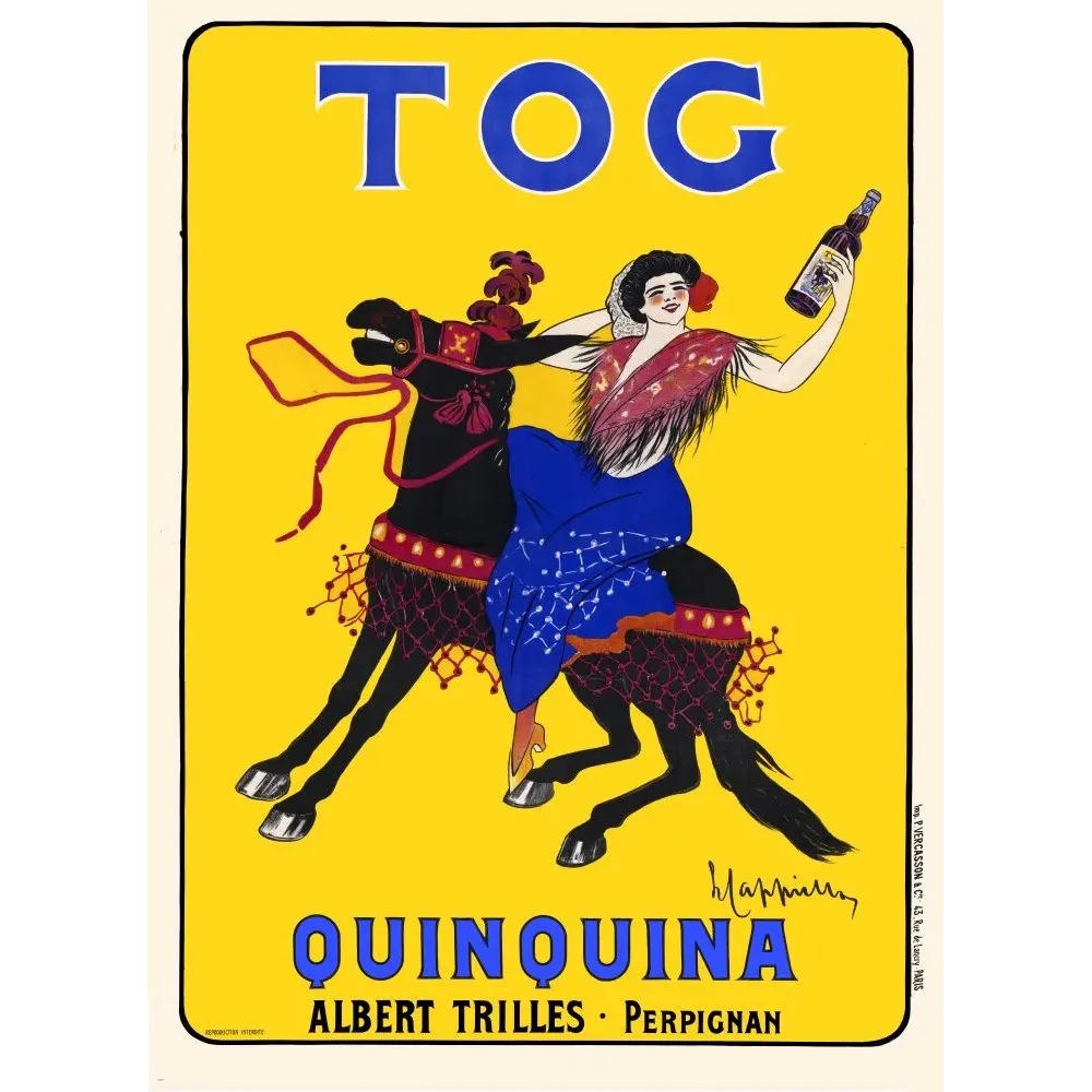 Affiche TOG Quinquina Albert Trilles Perpignan cavalière espagnole bleu cheval noir fond jaune signé Leonetto Cappiello Affiche TOG Quinquina Albert Trilles Perpignan cavalière espagnole bleu cheval noir fond jaune signé Leonetto Cappiello