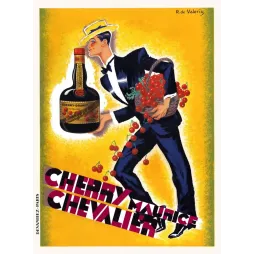 Affiche Cherry-Brandy Maurice Chevalier Extra Dry smoking canotier cerises fond jaune Art Déco signé R. de Valerio