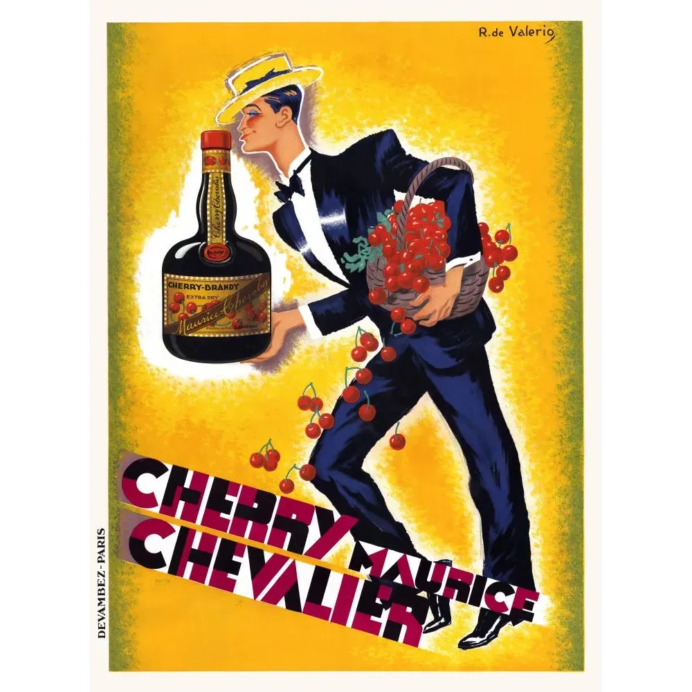 Affiche Cherry-Brandy Maurice Chevalier Extra Dry smoking canotier cerises fond jaune Art Déco signé R. de Valerio