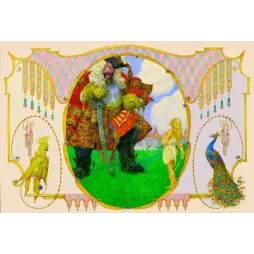 Illustration conte de fées ogre manteau rouge or château perroquet doré paon tons chauds encadrement doré pendeloques