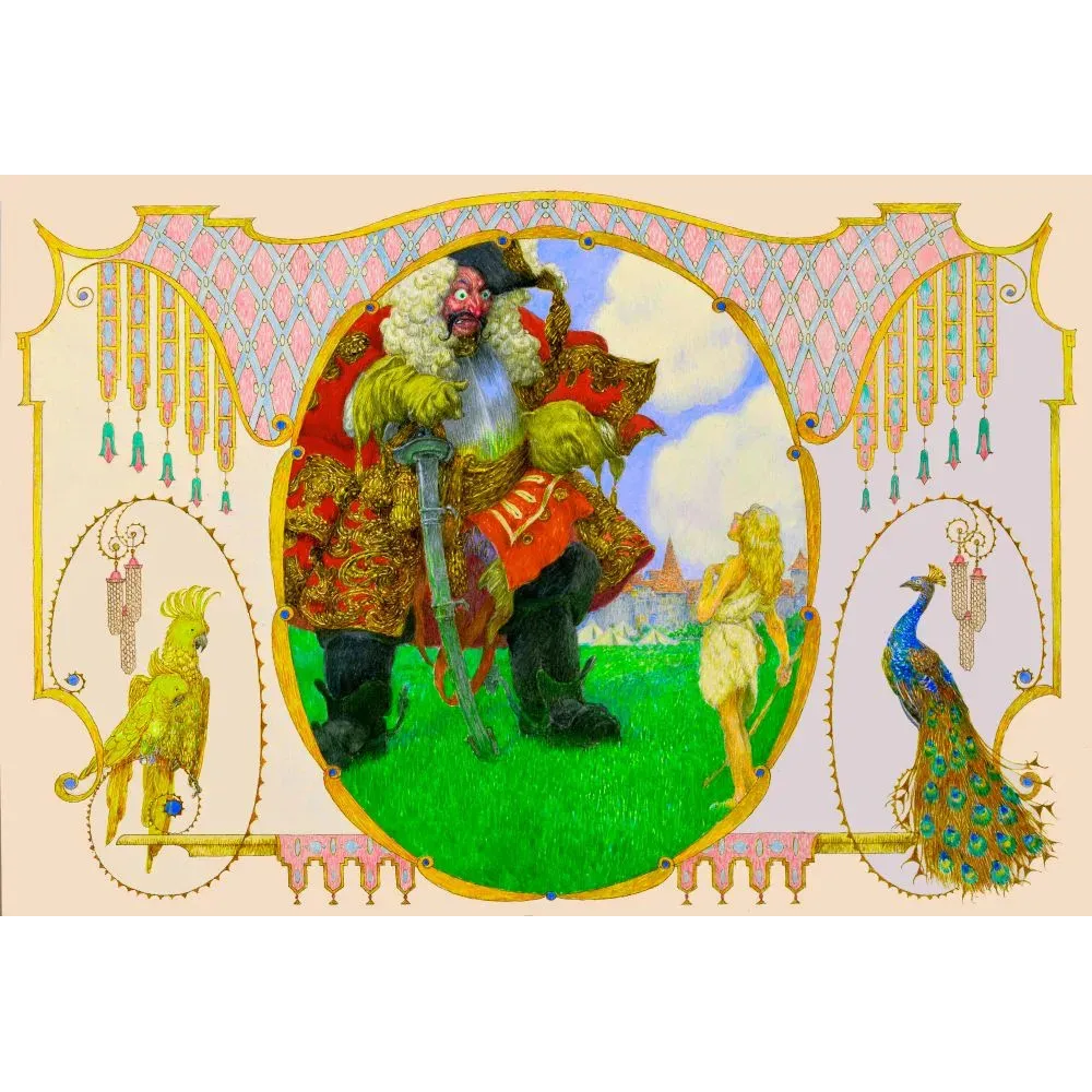 Illustration conte de fées ogre manteau rouge or château perroquet doré paon tons chauds encadrement doré pendeloques Illustration conte de fées ogre manteau rouge or château perroquet doré paon tons chauds encadrement doré pendeloques