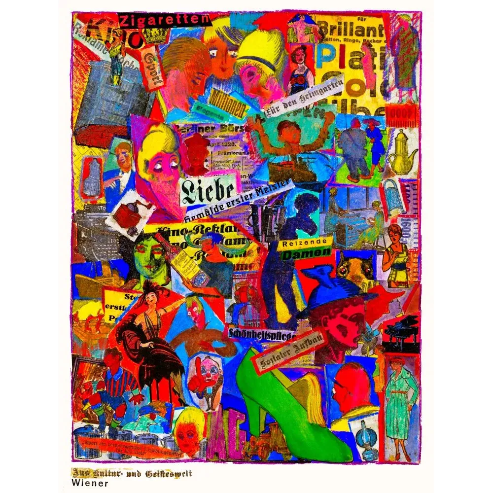 Collage Karl Wiener 1923 Aus Kultur Geisteswelt Weimar figures journaux publicités couleurs vives