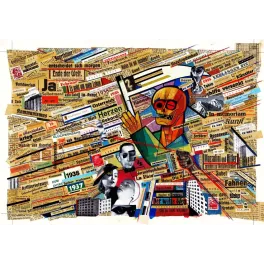 Collage Karl Wiener 1938 tête de mort journaux fascisme guerre Mussolini Hitler presse européenne