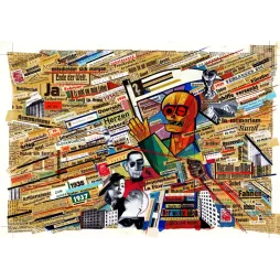 Collage Karl Wiener 1938 tête de mort journaux fascisme guerre Mussolini Hitler presse européenne