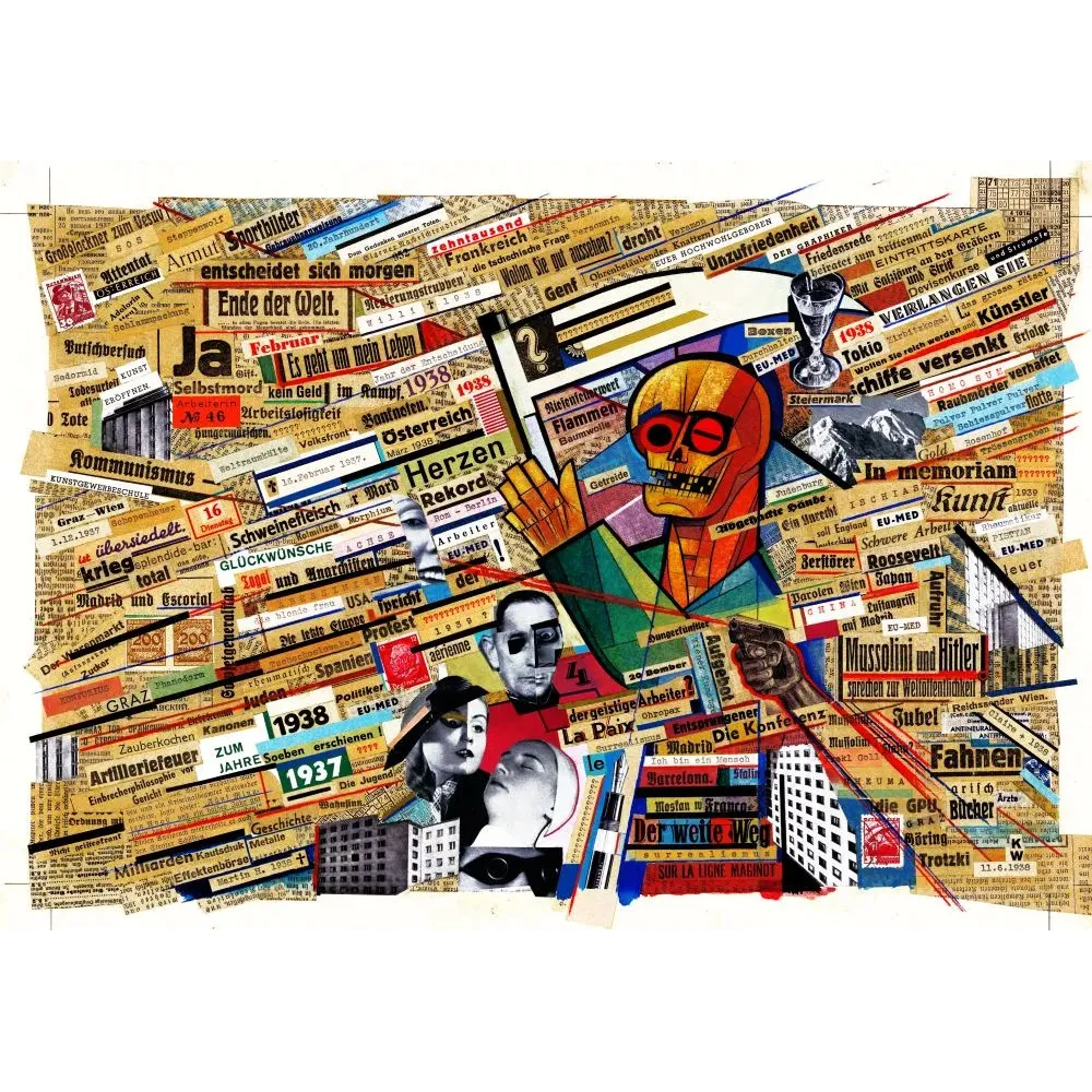 Collage Karl Wiener 1938 tête de mort journaux fascisme guerre Mussolini Hitler presse européenne Collage Karl Wiener 1938 tête de mort journaux fascisme guerre Mussolini Hitler presse européenne
