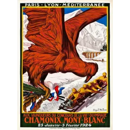 Affiche Jeux Olympiques Hiver Chamonix 1924 Auguste Matisse aigle bobsleigh Mont-Blanc PLM Cornille Serre