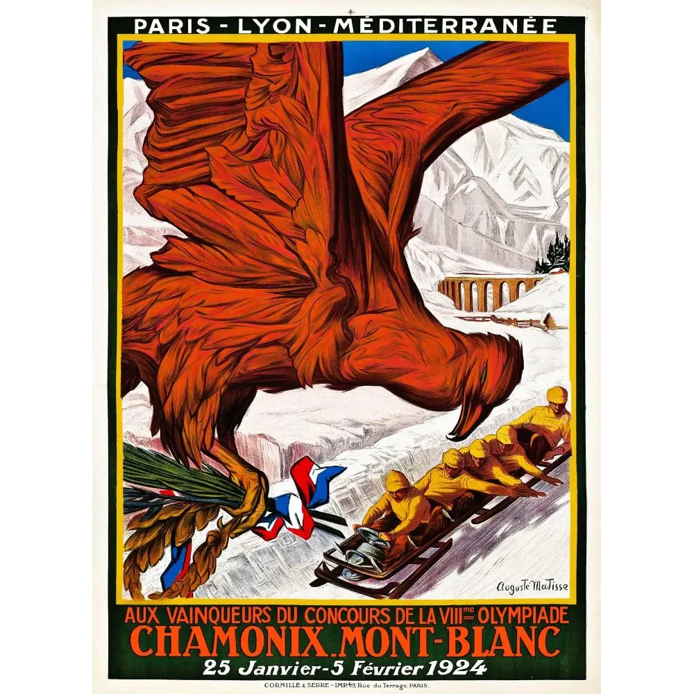 Affiche Jeux Olympiques Hiver Chamonix 1924 Auguste Matisse aigle bobsleigh Mont-Blanc PLM Cornille Serre Affiche Jeux Olympiques Hiver Chamonix 1924 Auguste Matisse aigle bobsleigh Mont-Blanc PLM Cornille Serre