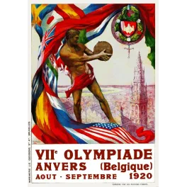 Affiche officielle VIIe Olympiade Anvers Belgique 1920 discobole drapeaux nations cathédrale Goossens