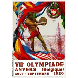 Affiche officielle VIIe Olympiade Anvers Belgique 1920 discobole drapeaux nations cathédrale Goossens