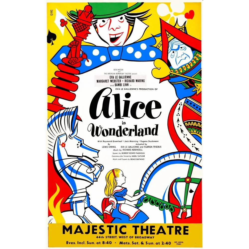 Affiche Alice au Pays des Merveilles Majestic Theatre Broadway 1947 David Klein Chapelier fou Cheval Blanc Affiche Alice au Pays des Merveilles Majestic Theatre Broadway 1947 David Klein Chapelier fou Cheval Blanc
