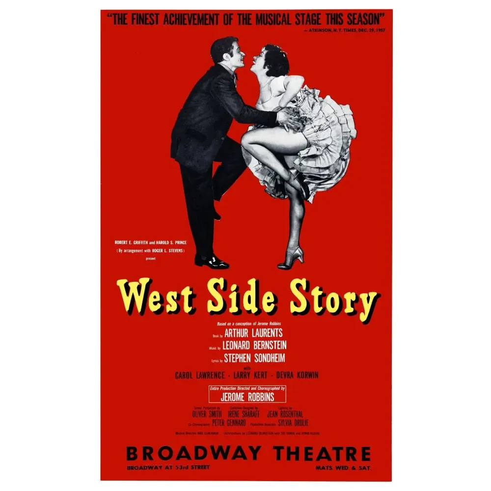 Affiche originale West Side Story Broadway Theatre 1957 couple dansant fond rouge Bernstein Sondheim Robbins