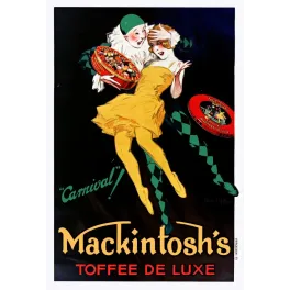 Affiche Mackintosh's Toffee de Luxe Carnival Jean d'Ylen 1930 Pierrot danseuse robe jaune fond noir