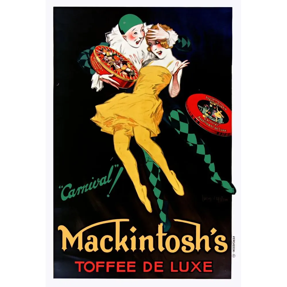 Affiche Mackintosh's Toffee de Luxe Carnival Jean d'Ylen 1930 Pierrot danseuse robe jaune fond noir Affiche Mackintosh's Toffee de Luxe Carnival Jean d'Ylen 1930 Pierrot danseuse robe jaune fond noir