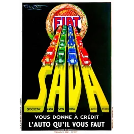 Affiche Fiat SAVA Turin 1927 Plinio Codognato voitures perspective fond noir lettres jaunes crédit