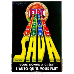 Affiche Fiat SAVA Turin 1927 Plinio Codognato voitures perspective fond noir lettres jaunes crédit