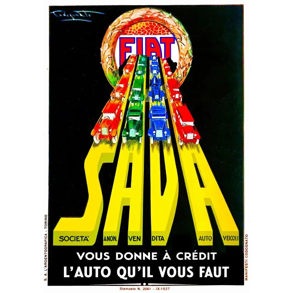 Affiche Fiat SAVA Turin 1927 Plinio Codognato voitures perspective fond noir lettres jaunes crédit Affiche Fiat SAVA Turin 1927 Plinio Codognato voitures perspective fond noir lettres jaunes crédit
