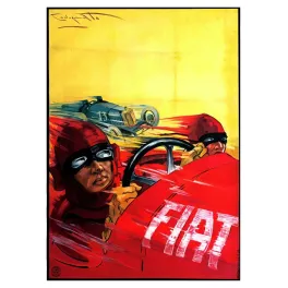 Affiche Fiat Grand Prix Europe Monza 1923 Codognato pilotes casqués rouge course vitesse fond jaune