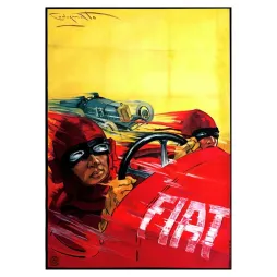 Affiche Fiat Grand Prix Europe Monza 1923 Codognato pilotes casqués rouge course vitesse fond jaune