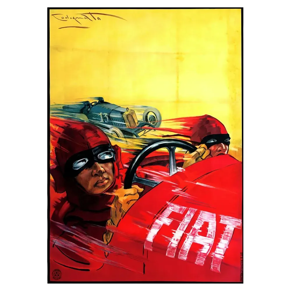 Affiche Fiat Grand Prix Europe Monza 1923 Codognato pilotes casqués rouge course vitesse fond jaune Affiche Fiat Grand Prix Europe Monza 1923 Codognato pilotes casqués rouge course vitesse fond jaune