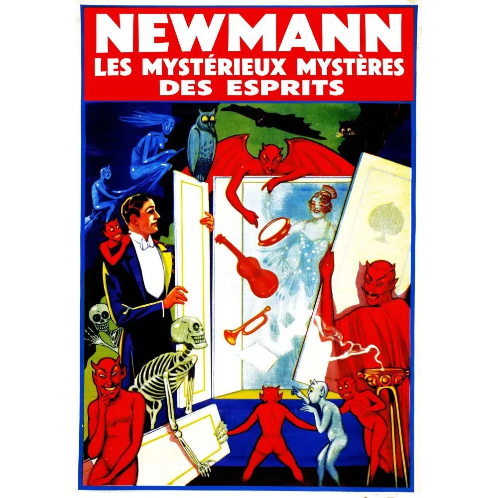 Affiche spectacle Newmann magie mystères esprits 1911 diablotins squelettes fantômes smoking Affiche spectacle Newmann magie mystères esprits 1911 diablotins squelettes fantômes smoking