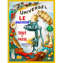 Affiche hachoir Universal No2 Landers Frary Clark 1899 animaux légumes volailles homard bœuf
