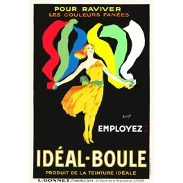 Affiche Idéal-Boule teinture Lyon 1925 Maucourt danseuse robe jaune rubans colorés fond noir