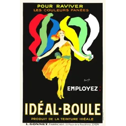 Affiche Idéal-Boule teinture Lyon 1925 Maucourt danseuse robe jaune rubans colorés fond noir